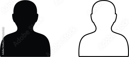 A black silhouette and a simple outline icon of a human head and shoulders on white background Vector