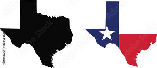 A comparison of the state of texas shown as a solid black silhouette and the official state flag Vector