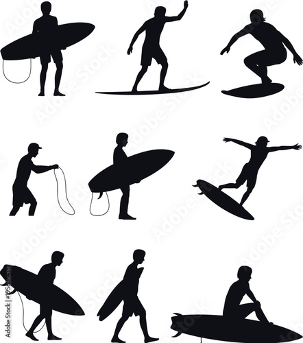 Collection of Professional Surfer Silhouettes Featuring Various Action Poses With Surfboards Isolated on White Background for Summer Vacation and Extreme Water Sports Graphic Design
