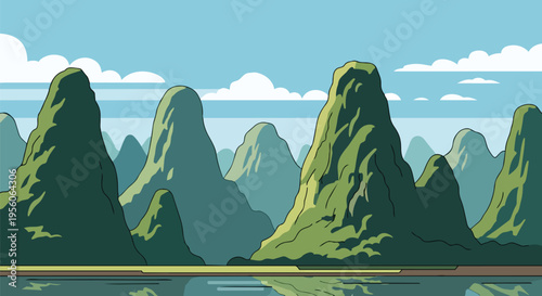 Picturesque animated landscape featuring majestic green mountains perfectly mirrored in tranquil waters under a clear blue sky dotted with soft,