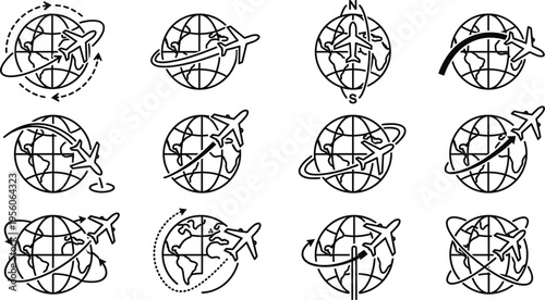 Airplane Orbiting Globe Line Icon Set with Flight Paths, Navigation Routes and International Travel Aviation Symbols for Global Transport Design