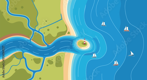 Overhead vector landscape depicting a winding river estuary flowing into an open ocean vista with a prominent lighthouse and numerous sailboats