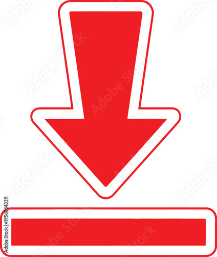 A bold red download icon featuring a downward pointing arrow and a horizontal bar on white background Vector