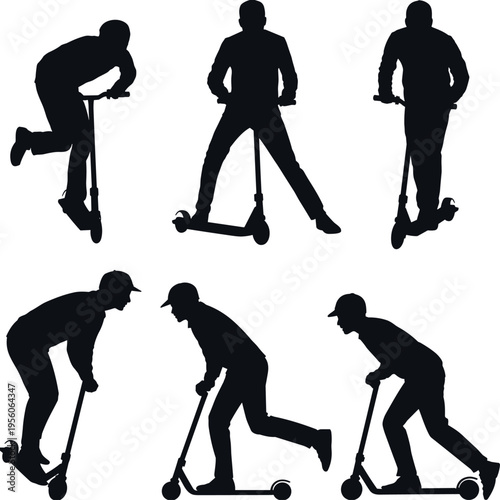 Kids riding kick scooter silhouette collection featuring active children in different poses, urban outdoor play and mobility concept isolated on white background