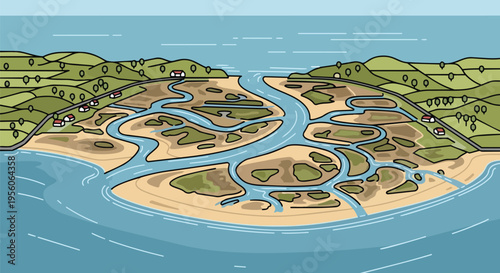 Dynamic aerial view illustrating a vibrant river estuary amidst rolling green hills