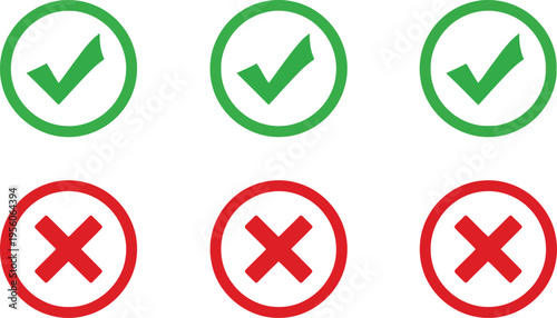 A collection of green check marks and red cross marks arranged in two distinct horizontal rows Vector