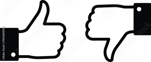 A minimalist graphic illustration featuring a black thumb up and a black thumb down hand symbol Vector