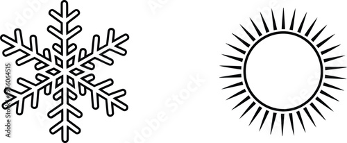 A minimalist black and white line art illustration featuring a snowflake and a radiant sun symbol Vector