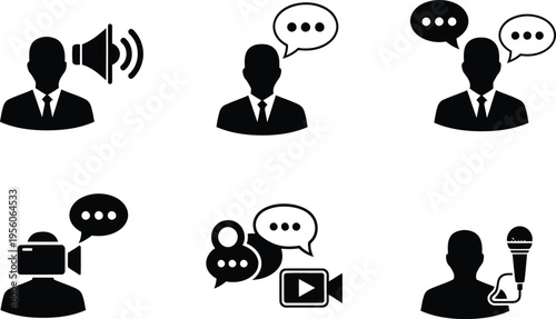 A set of six flat black icons depicting business communication and digital media content creation Vector