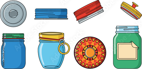 Glass Jar and Metal Lid Collection Featuring Colorful Mason Jars Preserving Containers and Decorative Bottle Caps for Kitchen Storage and Home Canning Graphics