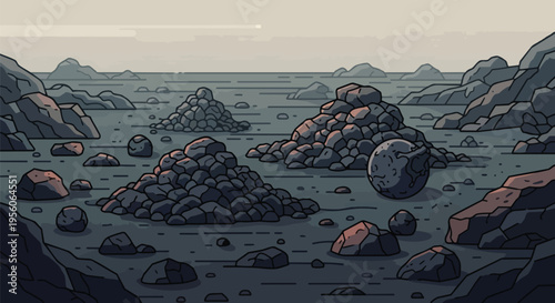 Stylized depiction of a desolate rocky alien shore with a celestial orb under an overcast sky