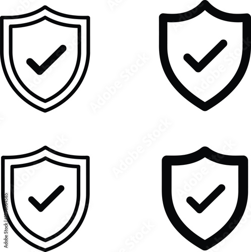 A collection of four shield icons with check marks in thin and thick black line art styles Vector