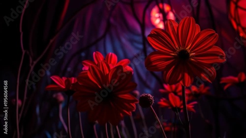 Vibrant red flowers against a dark background with atmospheric lighting
