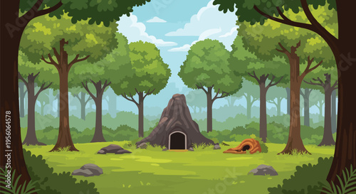 Enchanting animated woodland panorama showcasing a charming tree trunk dwelling and verdant foliage under a serene sky perfect for digital creations