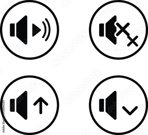 A set of four black and white circular icons representing various volume control settings for media Vector