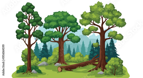 Vibrant cartoon woodland scene featuring diverse trees a fallen log and lush green undergrowth a serene natural setting