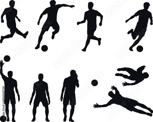 Soccer player silhouettes set showing football action poses, dribbling, running, kicking and goalkeeper diving, isolated on white background, sports activity collection concept