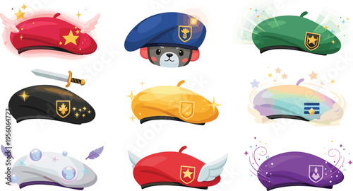 Fantasy Magic Hat Collection Vector Illustration Set Featuring Enchanted Caps with Wings, Sword, Shield, Sparkles and Colorful Cartoon Game Style Accessories