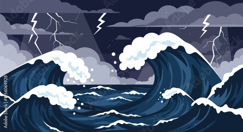 Powerful ocean storm featuring immense dark blue waves crashing vigorously under a tempestuous sky illuminated by striking flashes of brilliant
