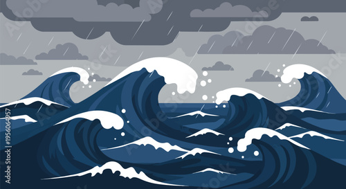 A vivid illustration showcasing a tempestuous ocean scene with colossal dark blue waves fiercely crashing topped by frothy white caps beneath a
