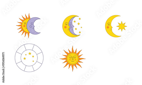 Whimsical illustrations of celestial bodies with human-like faces and stars