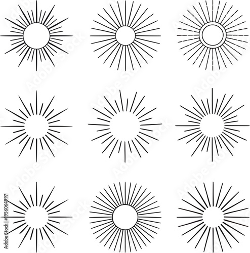 Nine black and white sunbursts arranged in a symmetrical three by three grid pattern