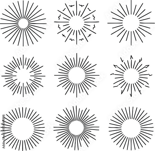 Nine geometric starburst designs arranged in a grid featuring varied line patterns