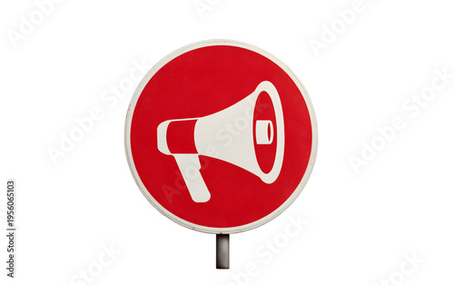 Red Megaphone Sign On Pole Closeup isolated on transparent background.