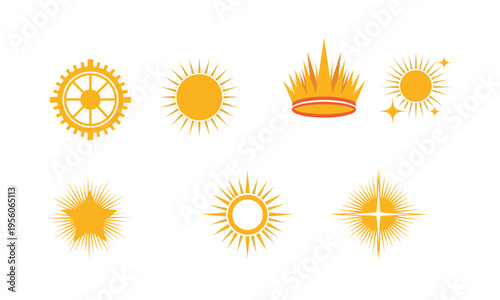 Collection of stylized sun and radiant crown icons in golden hues
