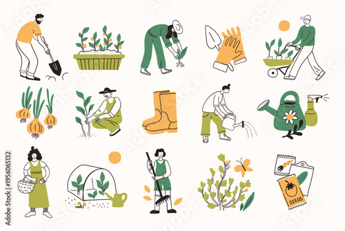 Farm agricultural workers or local farmers working in the garden, field, spring or summer illustration collection. Set of garden tools and farm or backyard equipment. Hand drawn simple ink doodle.