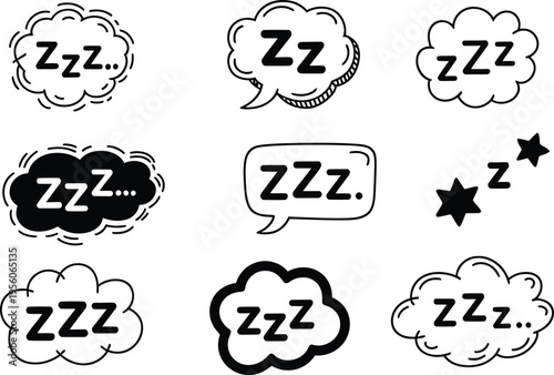 Black and white doodle illustrations of sleep speech bubbles and zzz s