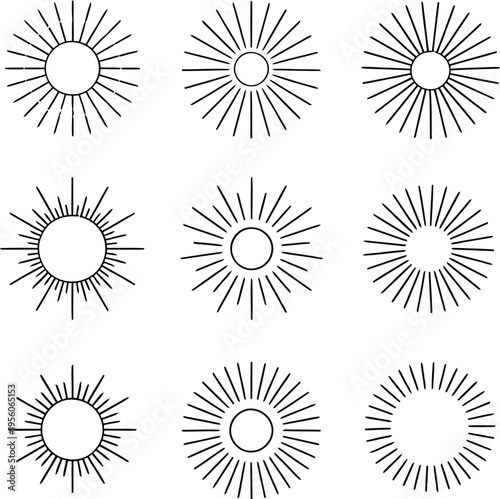 Nine geometric sunburst designs arranged in a three by three grid pattern