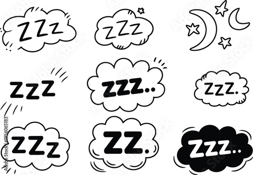 Black and white doodle illustration of sleep clouds stars and a crescent moon