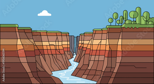 Vivid cartoon canyon scene showcasing stratified rock layers a tranquil river flowing through the depths and stylized trees adorning the sunlit