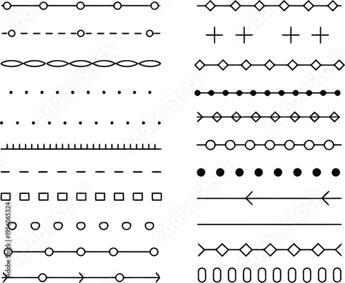 Variety of black linear patterns and decorative line designs on a white background