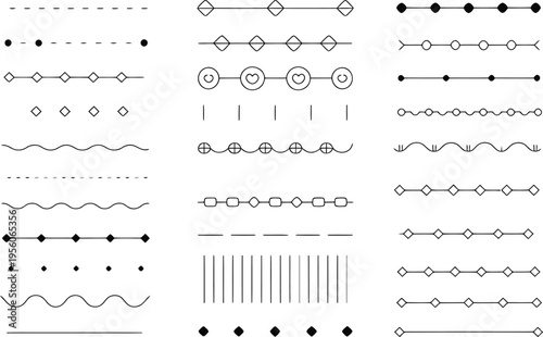 Collection of minimalist black line designs and geometric shapes on a white background