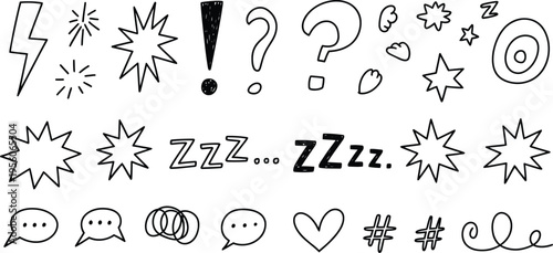 Hand drawn doodles featuring various symbols speech bubbles and sleep indicators