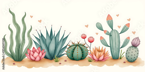Cute Cactus and Succulent Garden with Flowers and Hearts, Whimsical Desert Illustrationv