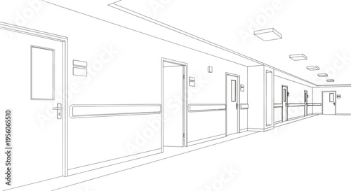 Minimalist line drawing of a hospital hallway with doors and ceiling lights, showcasing a clean, sterile environment in black and white