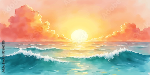 Golden Ocean Sunset with Waves and Dramatic Clouds, Vibrant Seascape Illustration