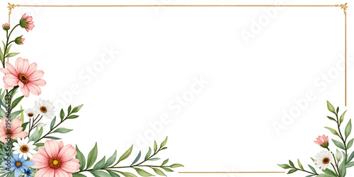 Floral Border Frame with Pink Flowers and Green Leaves, Elegant Botanical Background with Copy Space