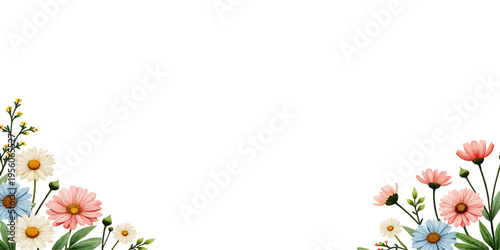 Floral Corner Border with Daisy and Pink Flowers, Minimal Botanical Background with Copy Space