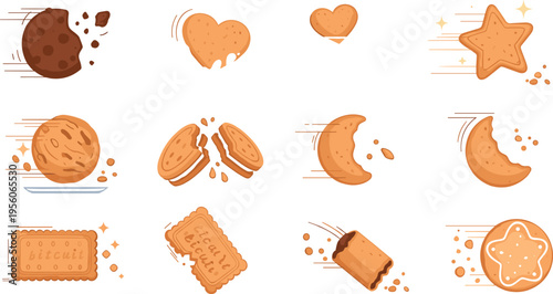 Flying Cookies and Biscuits Motion Vector Illustration Set Featuring Chocolate Chip, Heart, Star, Sandwich and Cream Cookies with Speed Lines Dynamic Food Icons