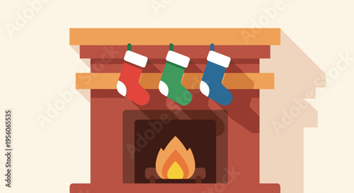 Illustration of a cozy Christmas fireplace with colorful socks hanging above a warm fire, minimalist style with a soft beige background