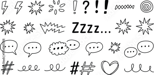 Collection of hand drawn comic book elements and speech bubbles in black and white