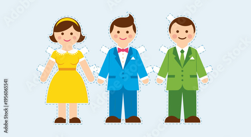 Whimsical paper doll illustration of groom in blue suit with parents in colorful attire on light background