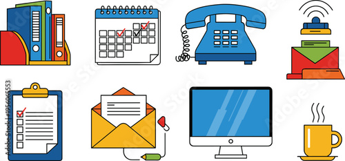 Office Communication and Work Icon Set with Telephone, Computer, Calendar, Email, Clipboard, Documents, and Coffee Cup for Business, Workflow, and Productivity Design