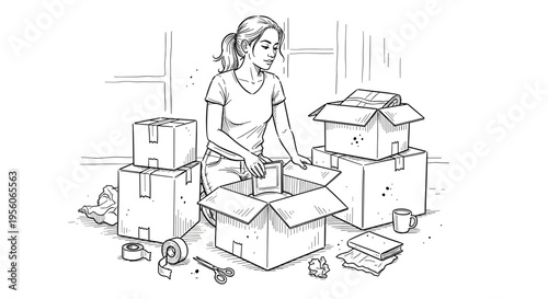 Illustration of a woman packing boxes in a minimalist room, surrounded by packing tape, scissors, and a mug, with a window in the background