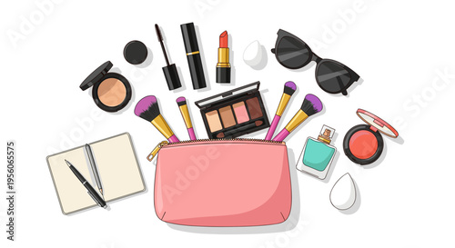 Pink makeup bag with various beauty products and brushes spilling out, including lipstick, eyeshadow palette, and sunglasses, on white background