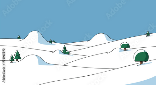 Minimalist Winter Wonderland Illustration Featuring Serene Snow-Covered Rolling Hills and Scattered Evergreens Beneath a Clear Blue Sky Artistic